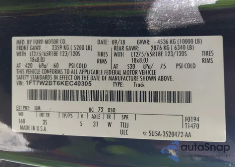 2019 Ford F-250 Xlt из США, поврежденный, VIN 1FT7W2BT6KEC40305